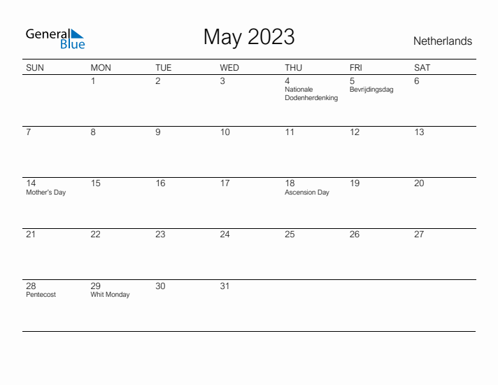 Printable May 2023 Calendar for The Netherlands