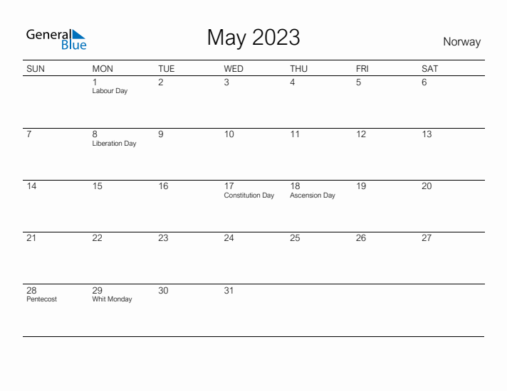 Printable May 2023 Calendar for Norway