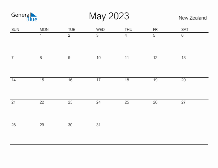 Printable May 2023 Calendar for New Zealand