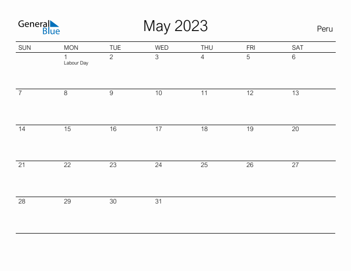 Printable May 2023 Calendar for Peru