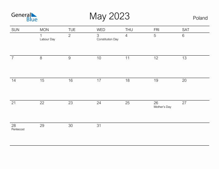 Printable May 2023 Calendar for Poland