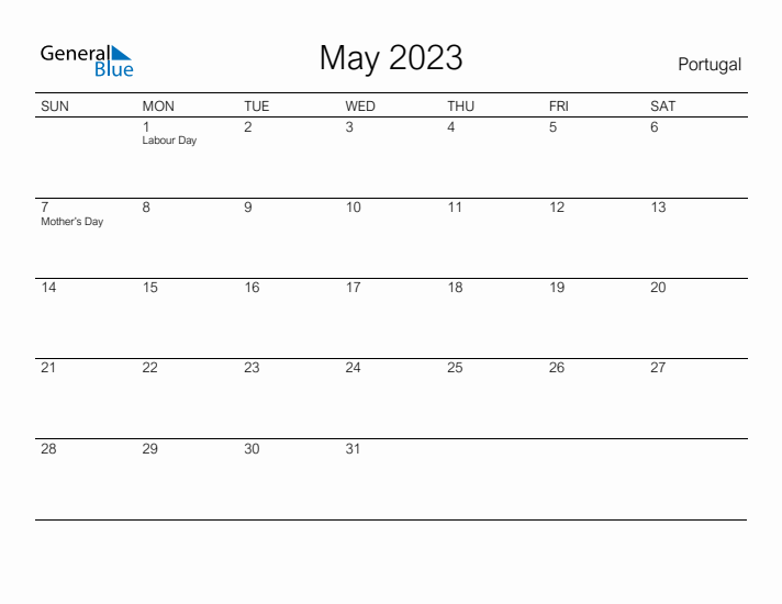 Printable May 2023 Calendar for Portugal