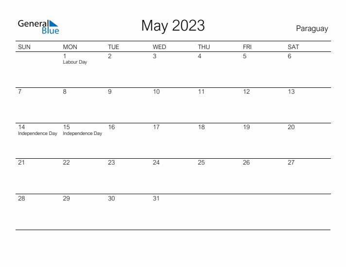 Printable May 2023 Calendar for Paraguay