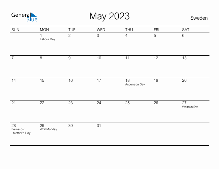 Printable May 2023 Calendar for Sweden