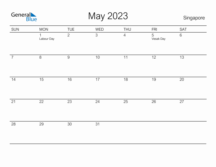 Printable May 2023 Calendar for Singapore