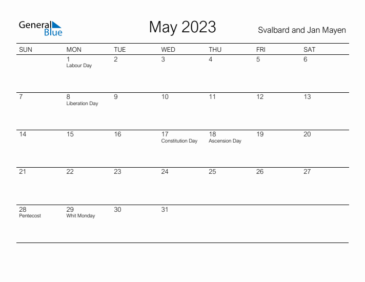 Printable May 2023 Calendar for Svalbard and Jan Mayen