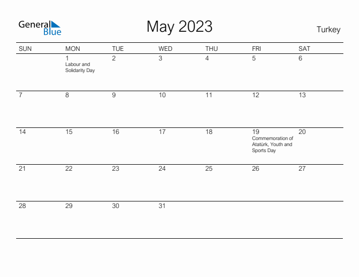 Printable May 2023 Calendar for Turkey