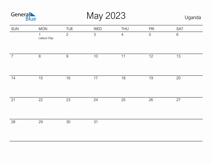 Printable May 2023 Calendar for Uganda