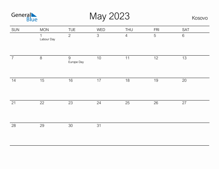 Printable May 2023 Calendar for Kosovo