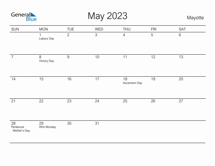 Printable May 2023 Calendar for Mayotte
