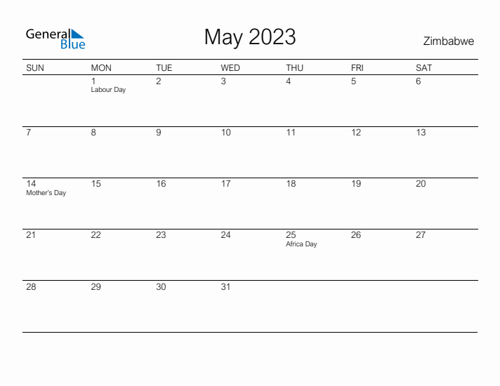 Printable May 2023 Calendar for Zimbabwe