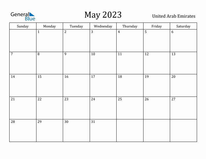 May 2023 Calendar United Arab Emirates