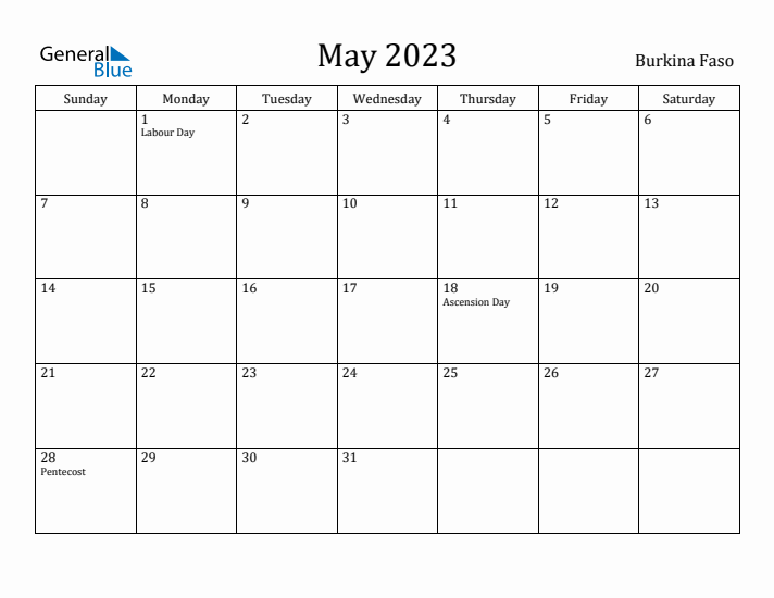 May 2023 Calendar Burkina Faso