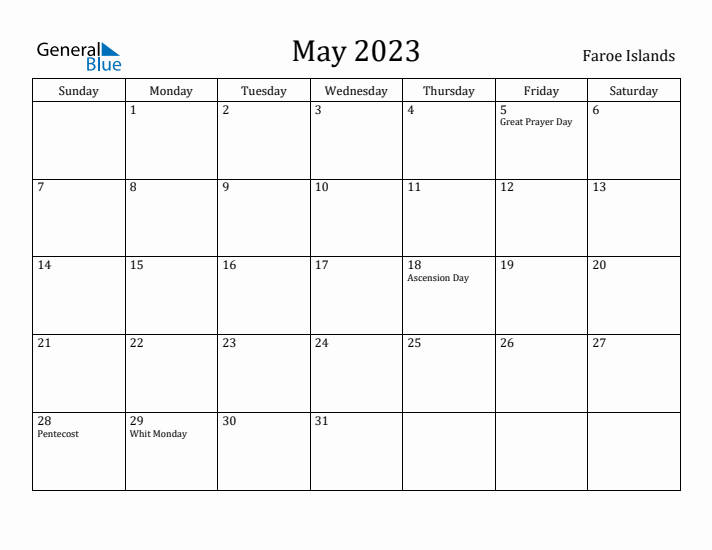 May 2023 Calendar Faroe Islands