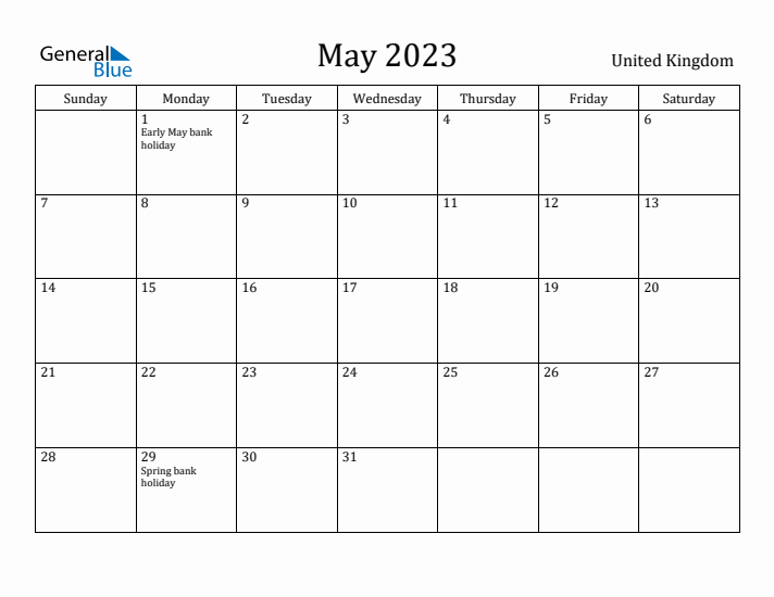 May 2023 Calendar United Kingdom