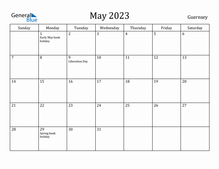 May 2023 Calendar Guernsey