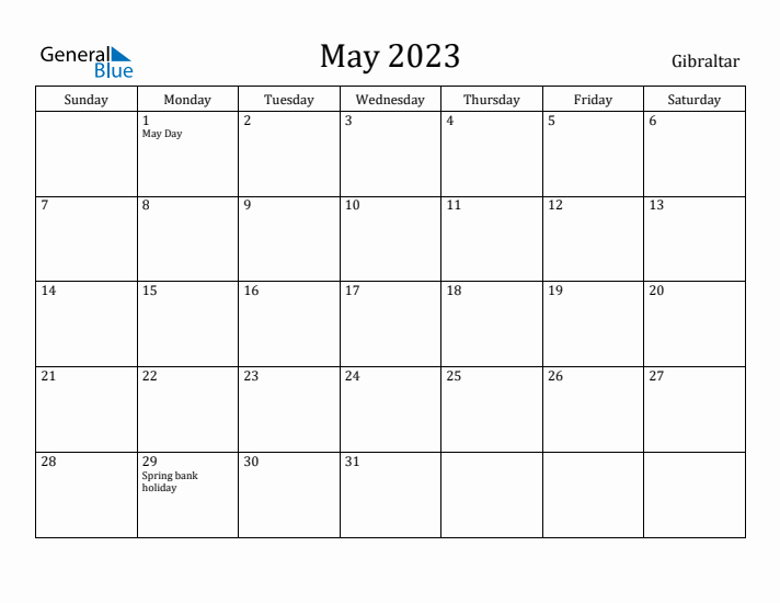May 2023 Calendar Gibraltar
