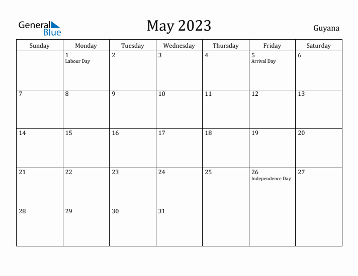 May 2023 Calendar Guyana