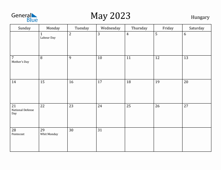 May 2023 Calendar Hungary