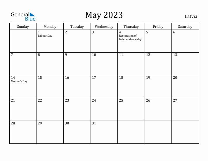 May 2023 Calendar Latvia