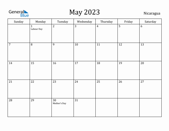 May 2023 Calendar Nicaragua
