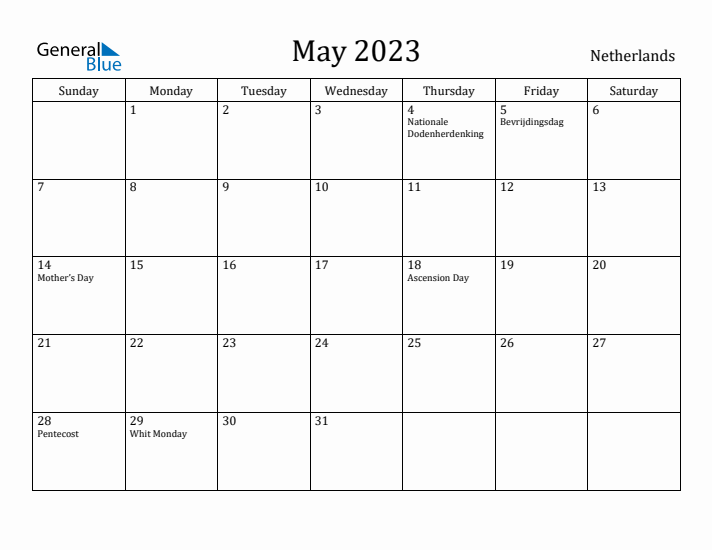 May 2023 Calendar The Netherlands