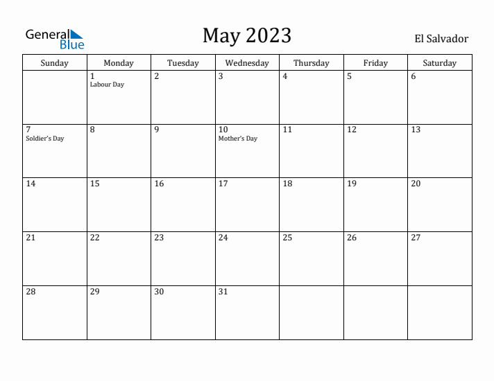 May 2023 Calendar El Salvador