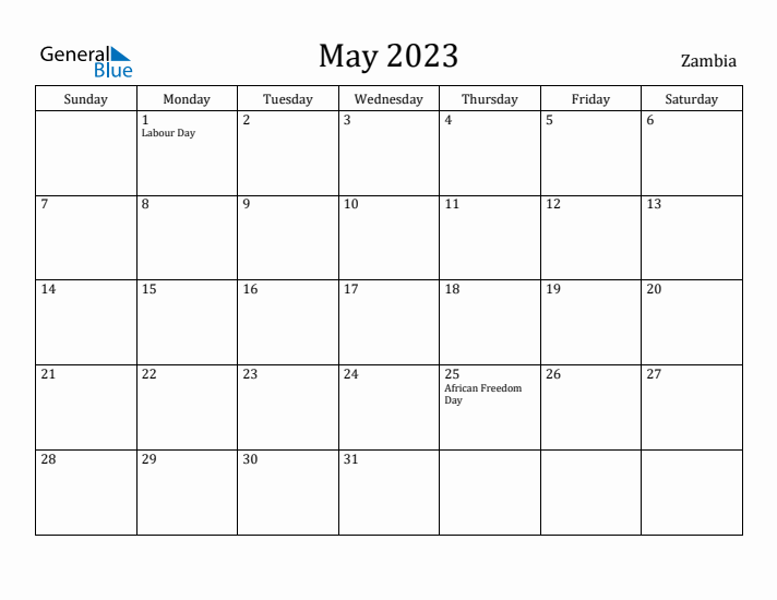 May 2023 Calendar Zambia