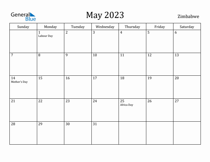 May 2023 Calendar Zimbabwe