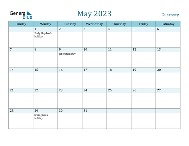 May 2023 Calendar With Guernsey Holidays