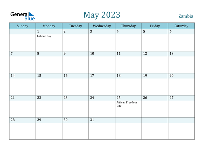 2023 Calendar Zambia May 2023 Calendar With Zambia Holidays