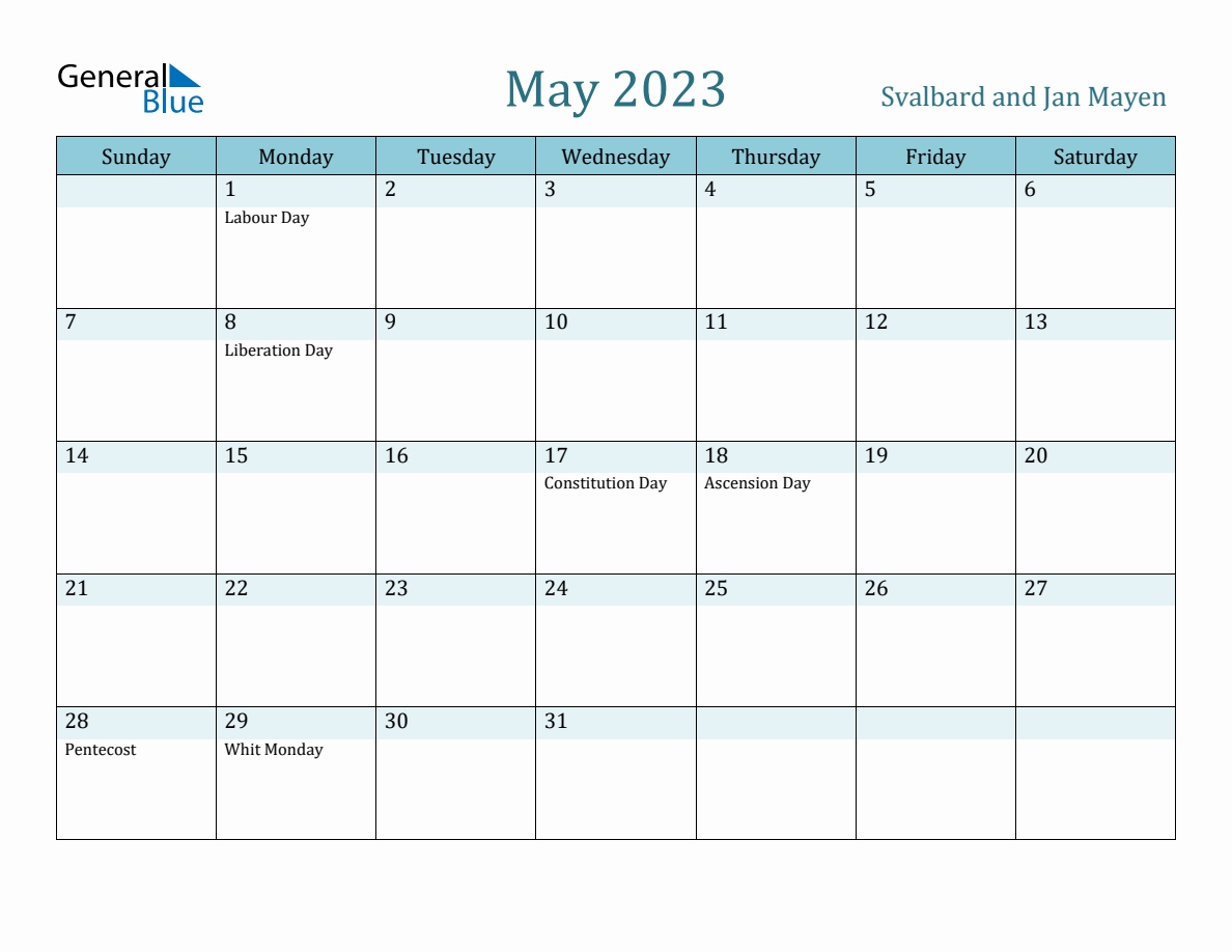 Svalbard And Jan Mayen Holiday Calendar For May 2023