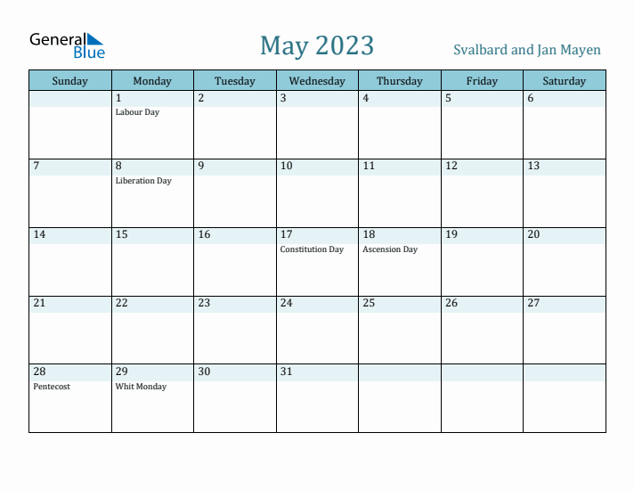 May 2023 Monthly Calendar With Svalbard And Jan Mayen Holidays
