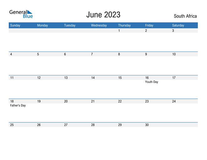 June 2023 Calendar With South Africa Holidays