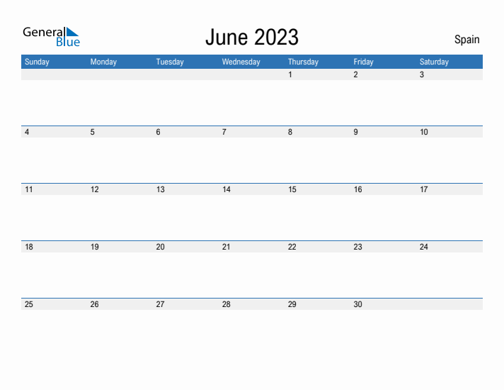 Editable June 2023 Calendar with Spain Holidays