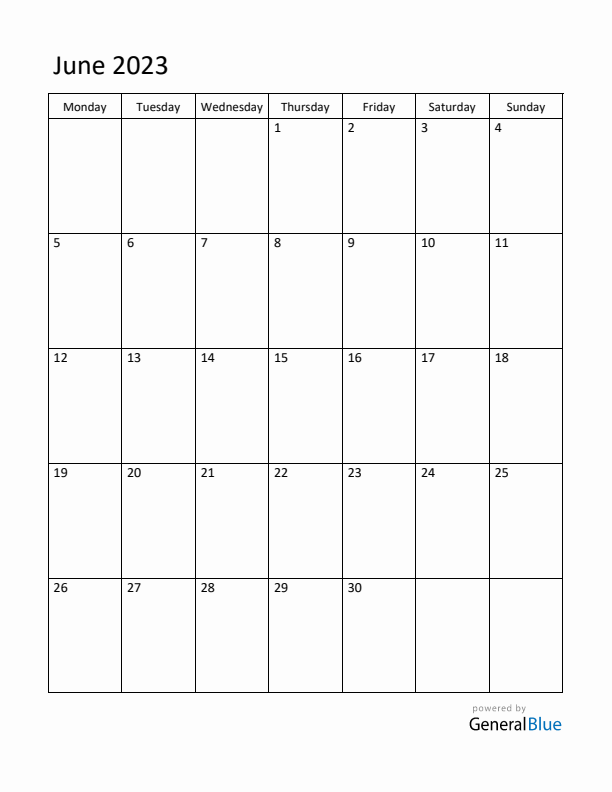 Monday Start Calendar for June 2023