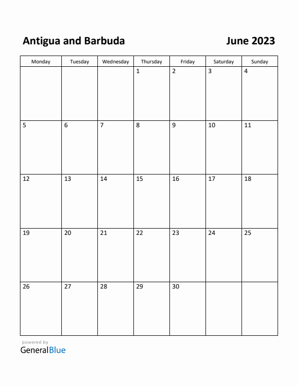 June 2023 Calendar with Antigua and Barbuda Holidays