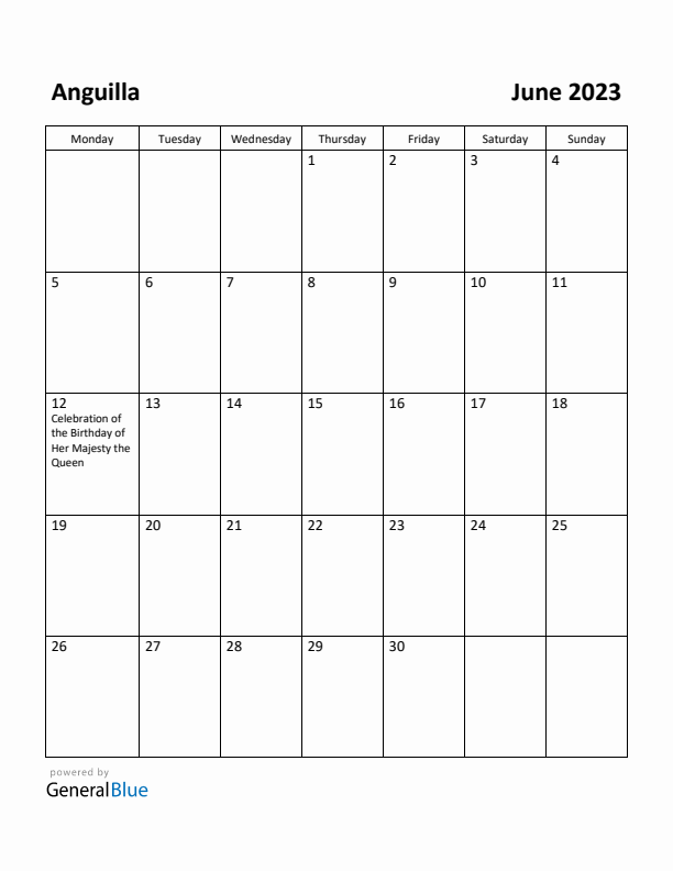 June 2023 Calendar with Anguilla Holidays