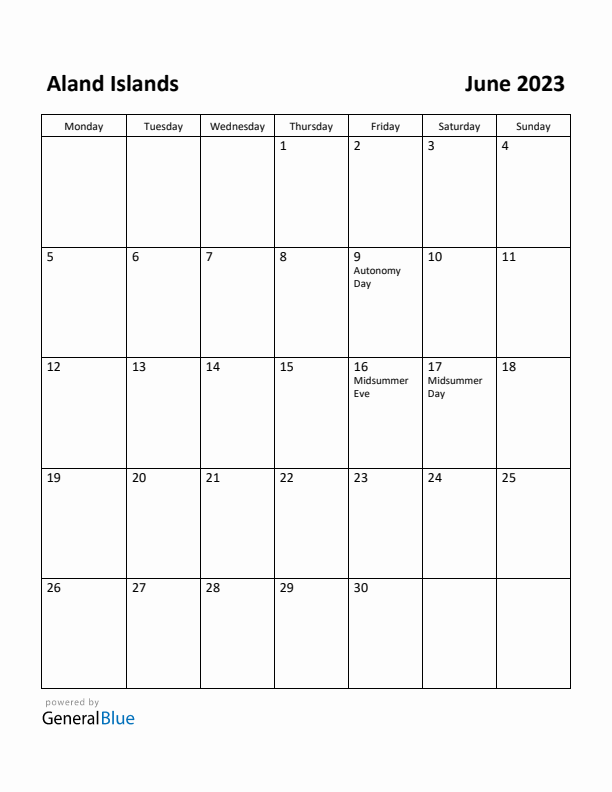 June 2023 Calendar with Aland Islands Holidays