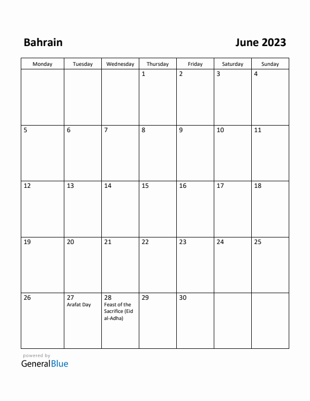 June 2023 Calendar with Bahrain Holidays