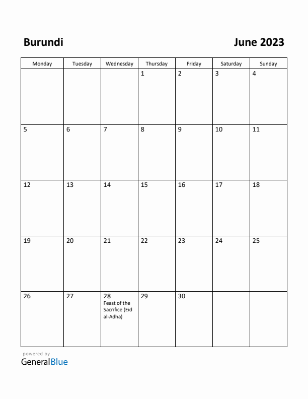 June 2023 Calendar with Burundi Holidays
