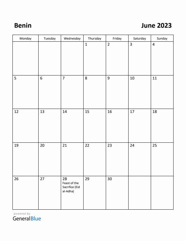 June 2023 Calendar with Benin Holidays