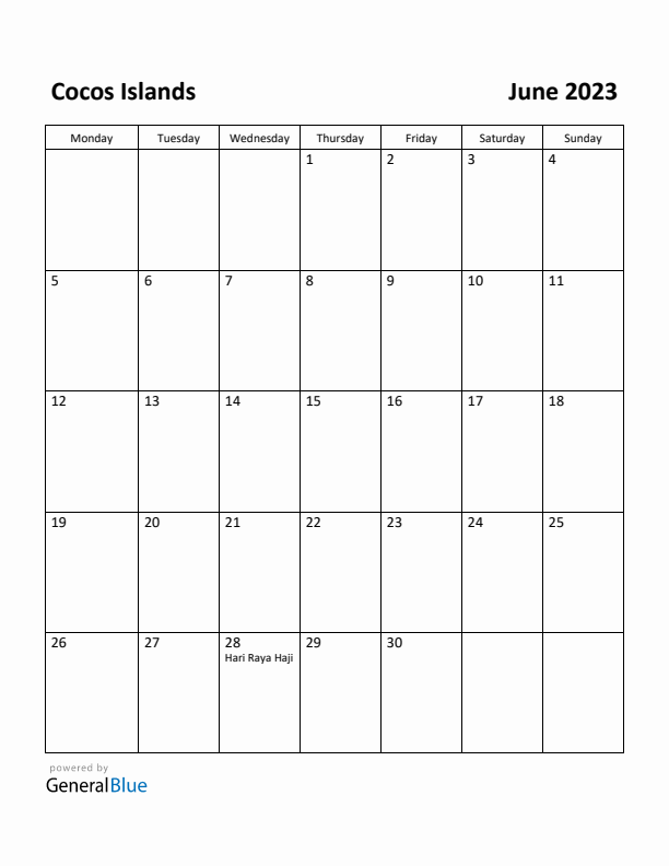 June 2023 Calendar with Cocos Islands Holidays