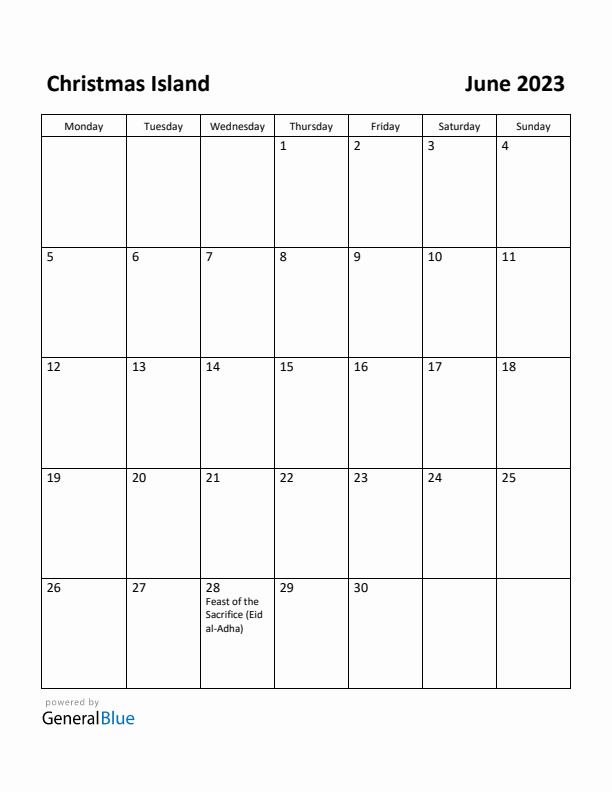 June 2023 Calendar with Christmas Island Holidays