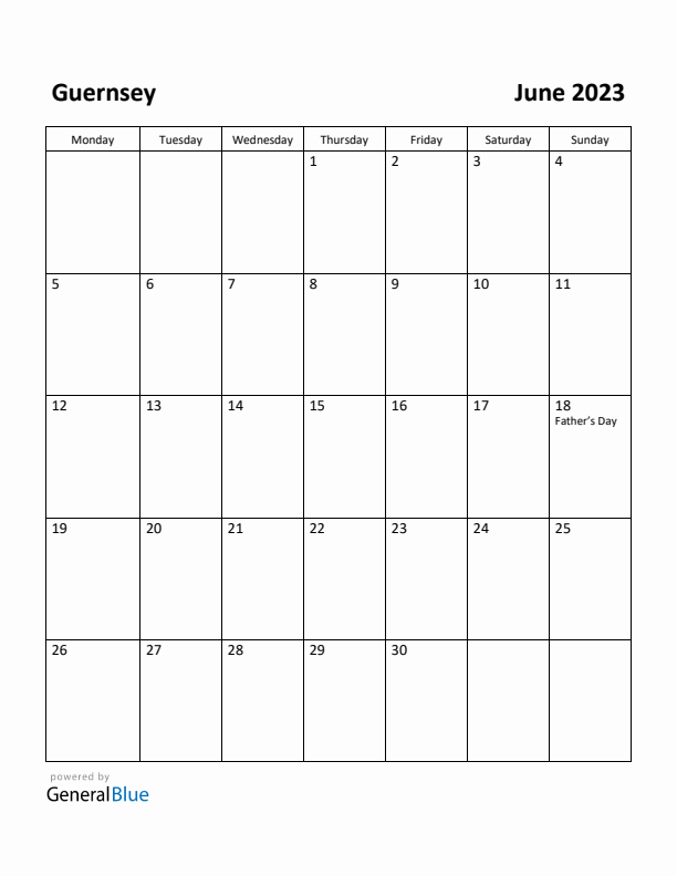 June 2023 Calendar with Guernsey Holidays