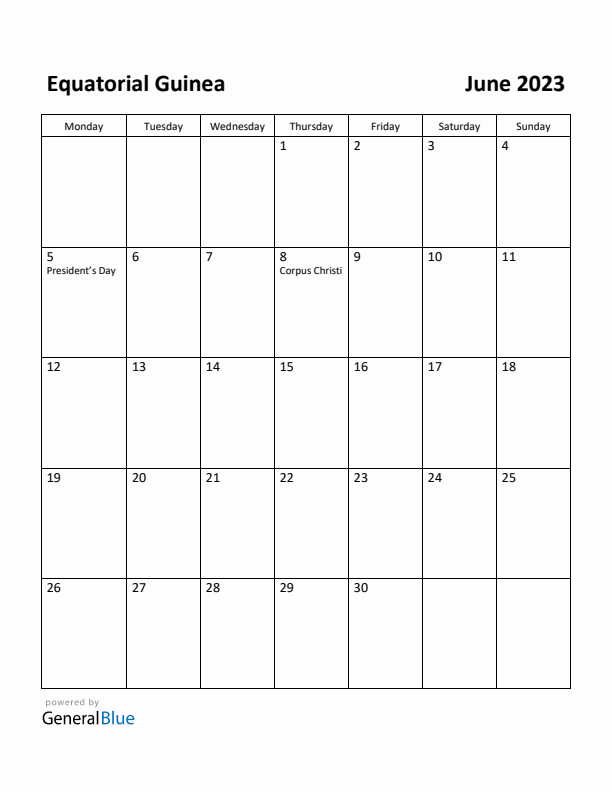 June 2023 Calendar with Equatorial Guinea Holidays