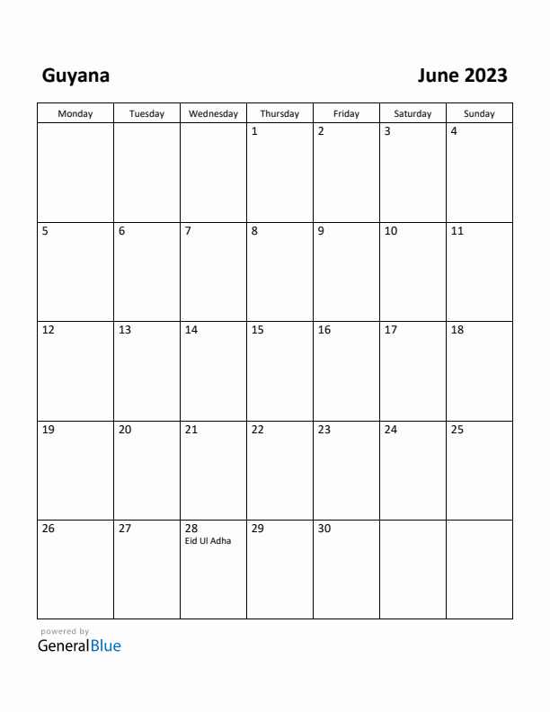 June 2023 Calendar with Guyana Holidays