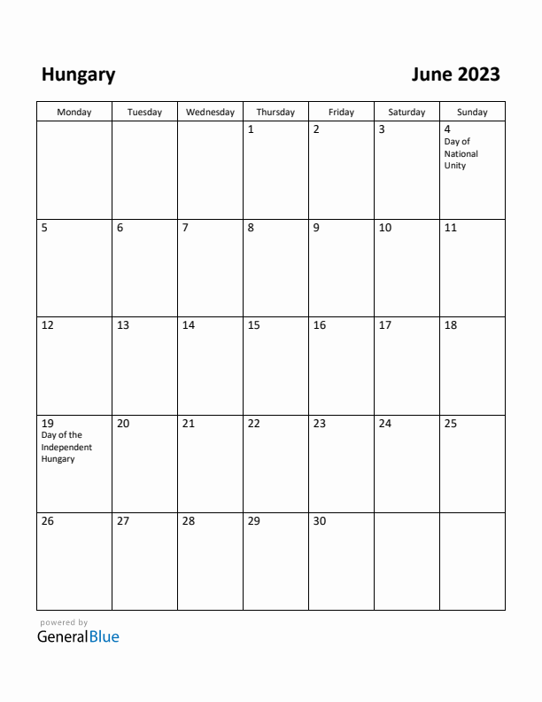 June 2023 Calendar with Hungary Holidays