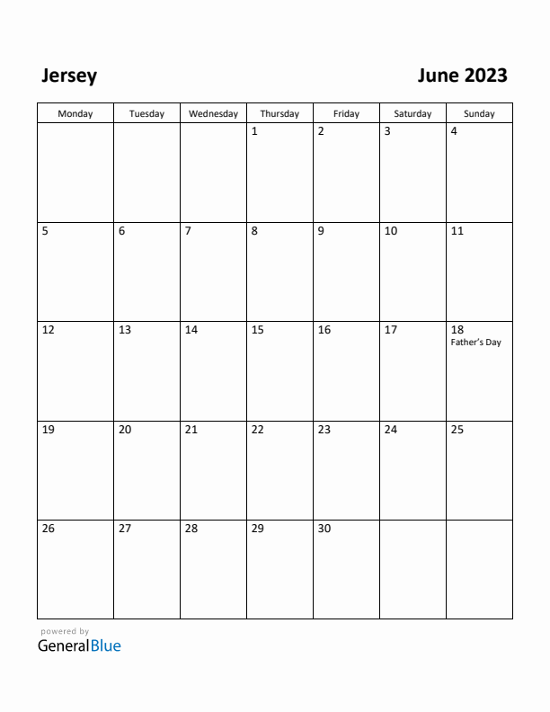 June 2023 Calendar with Jersey Holidays
