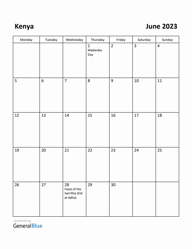 June 2023 Calendar with Kenya Holidays